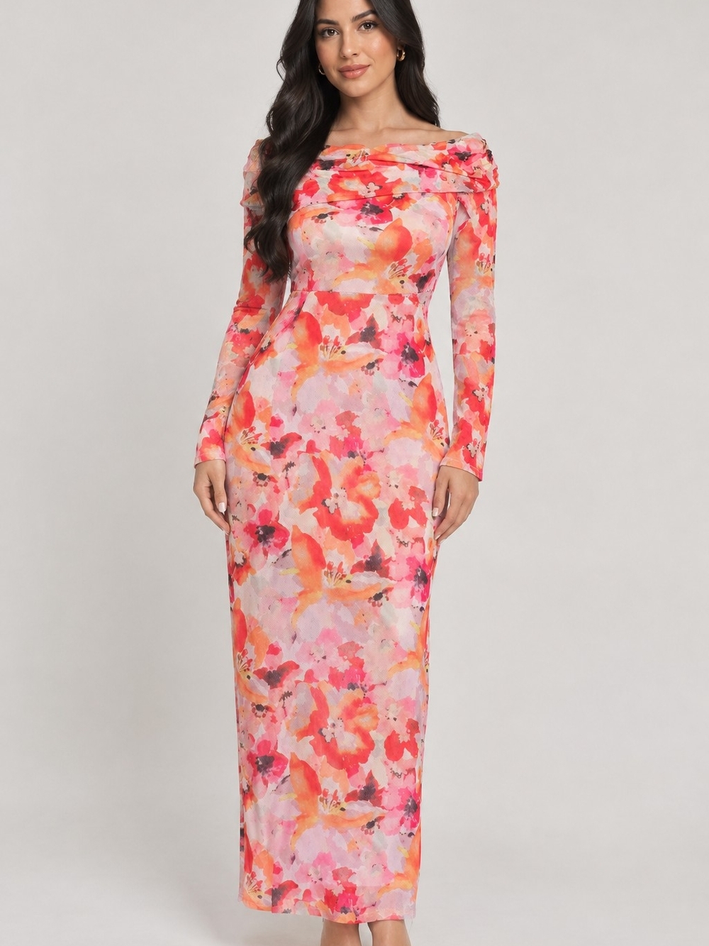 Vici Coral Pink Floral Off-Shoulder Long Sleeve Maxi Dress